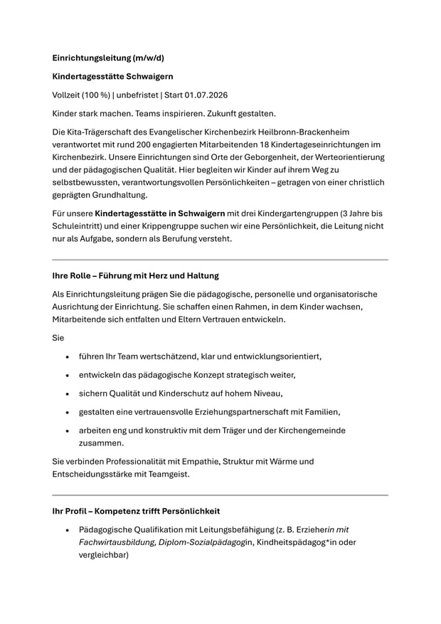 Einrichtungsleitung Kindergarten Schwaigern