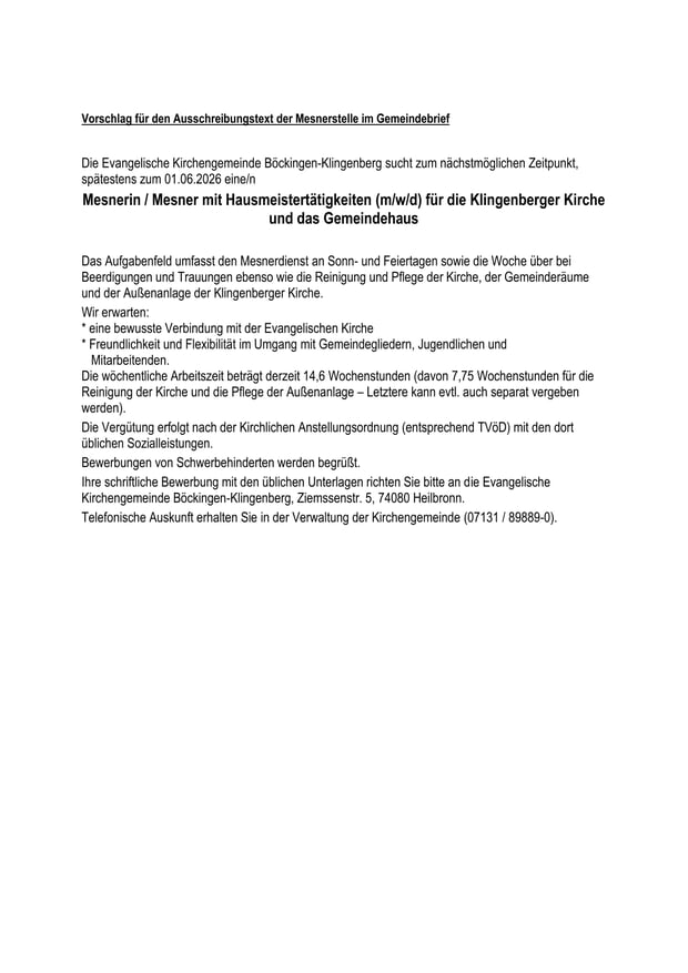 Mesnerin/Mesner mit Hausmeistertätigkeiten für die Klingenberger Kirche und das Gemeindehaus